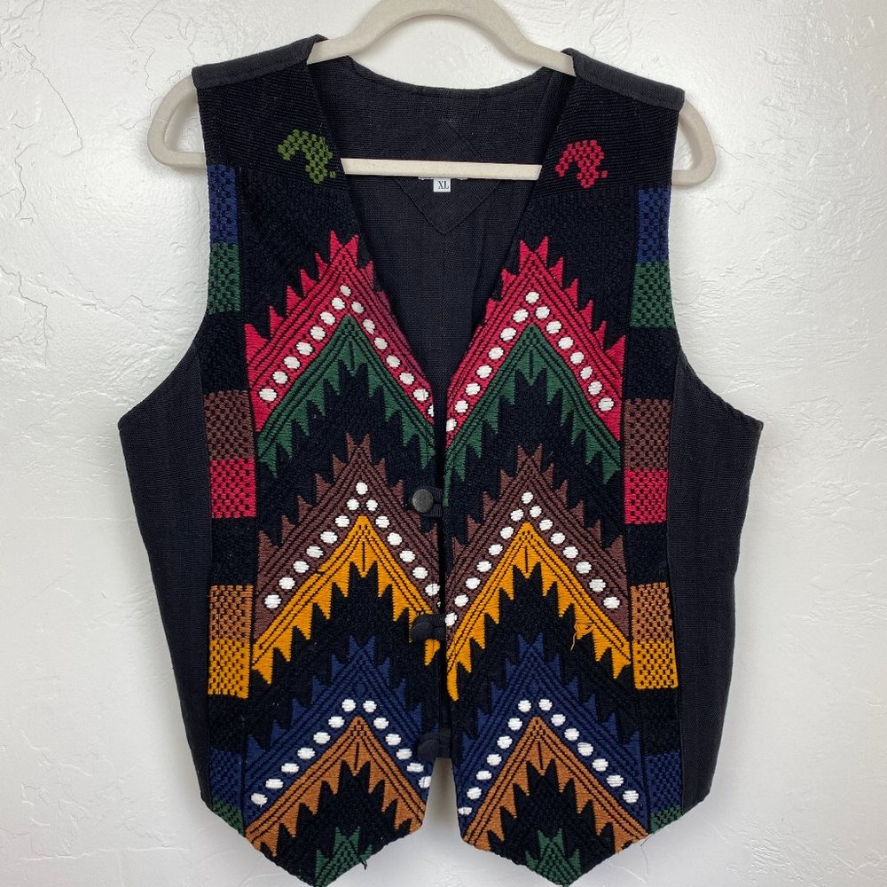 Vintage Colorful Aztec Embroidered Vest w/ Pockets Size XL